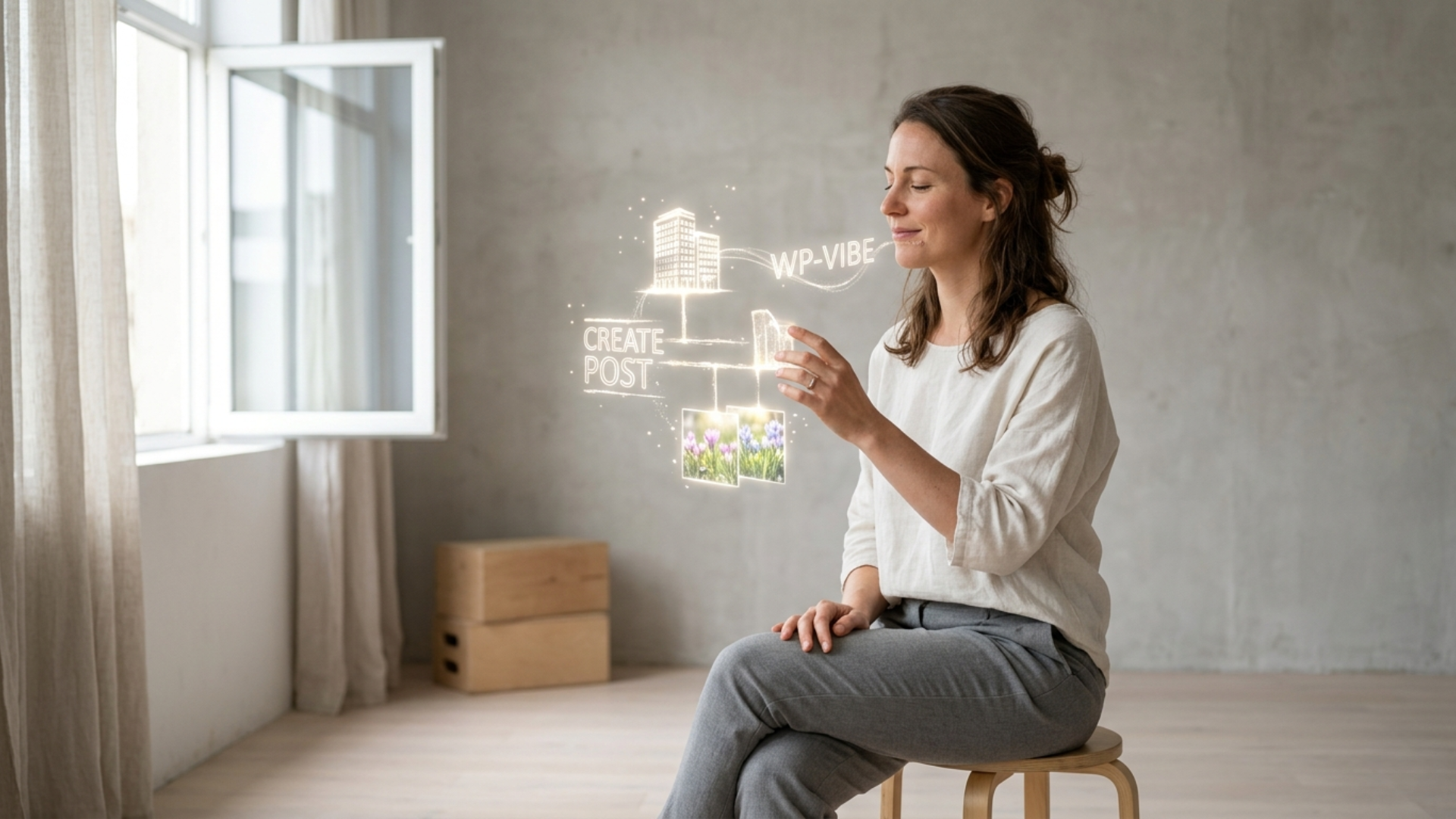 Uma fotografia de estilo minimalista de uma mulher sentada em um banco de madeira, interagindo com uma interface holográfica flutuante que exibe ícones digitais e texto relacionado ao gerenciamento de um site WordPress, como 'WP-Vibe', 'CREATE POST' e imagens de flores de primavera. O ambiente é um estúdio de concreto claro com uma janela aberta e luz natural suave. A imagem ilustra o conceito de gerenciamento de site por voz ou comando de pensamento, como discutido no parágrafo de resumo.
