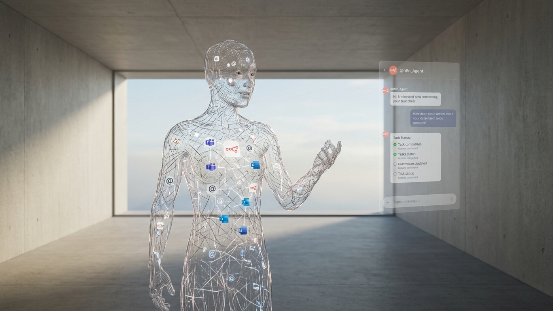 Representação visual de uma entidade humanoide translúcida composta por filamentos de dados e ícones de produtividade (Teams, Outlook, Word), interagindo com uma interface holográfica de chat em um ambiente arquitetônico minimalista de concreto e luz natural.