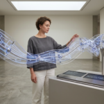 Uma pessoa em uma galeria minimalista interagindo com uma escultura fluida e transparente de luz azulada, que representa um fluxo de automação do n8n sendo materializado através de comandos de voz e inteligência artificial.