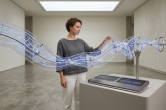 Uma pessoa em uma galeria minimalista interagindo com uma escultura fluida e transparente de luz azulada, que representa um fluxo de automação do n8n sendo materializado através de comandos de voz e inteligência artificial.