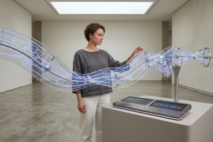 Uma pessoa em uma galeria minimalista interagindo com uma escultura fluida e transparente de luz azulada, que representa um fluxo de automação do n8n sendo materializado através de comandos de voz e inteligência artificial.