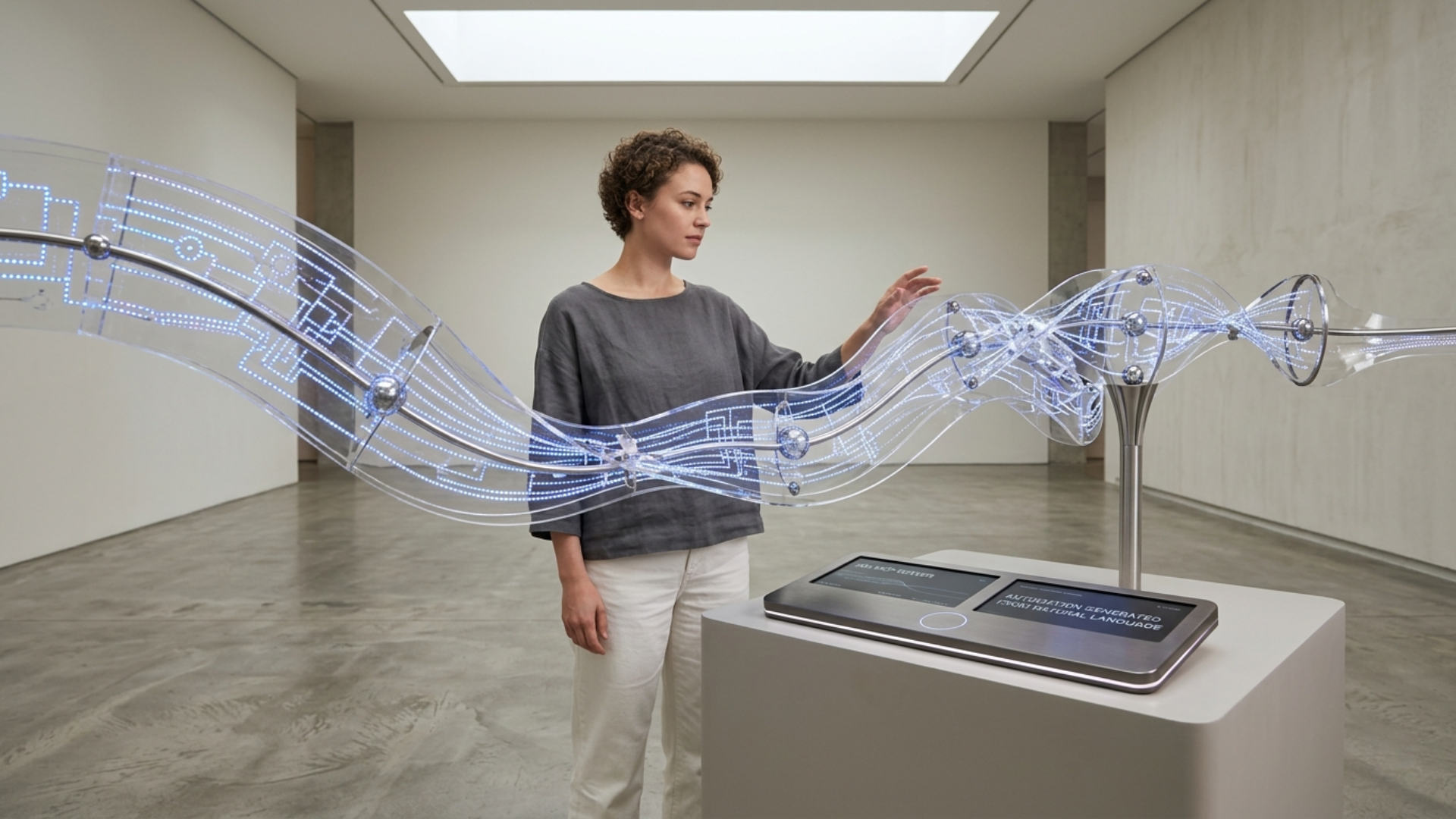 Uma pessoa em uma galeria minimalista interagindo com uma escultura fluida e transparente de luz azulada, que representa um fluxo de automação do n8n sendo materializado através de comandos de voz e inteligência artificial.